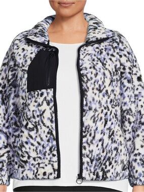 Kinesis sz 2X, Plush Animal Print Fleece Jacket in White, Blue & Black
